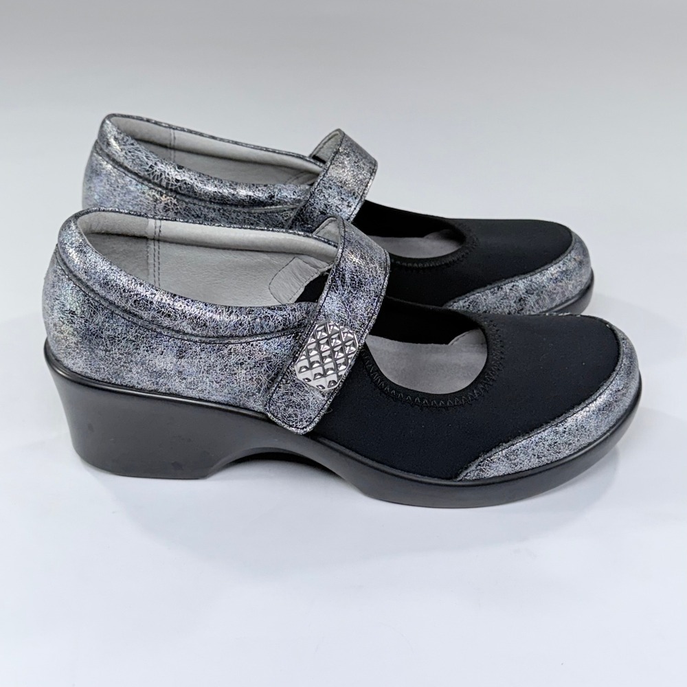 Alegria May-735 Shoes Womens 40/9.5 Black Silver Leather Mary Jane Wedge Comfort